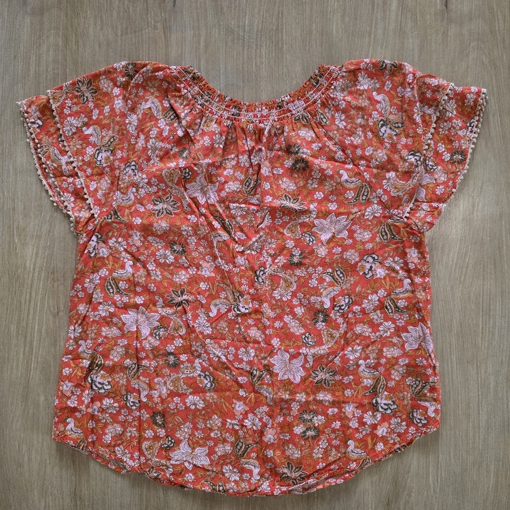 Democracy Orange Floral Flutter Sleeve Peasant Blouse Top Size S - Picture 2 of 8